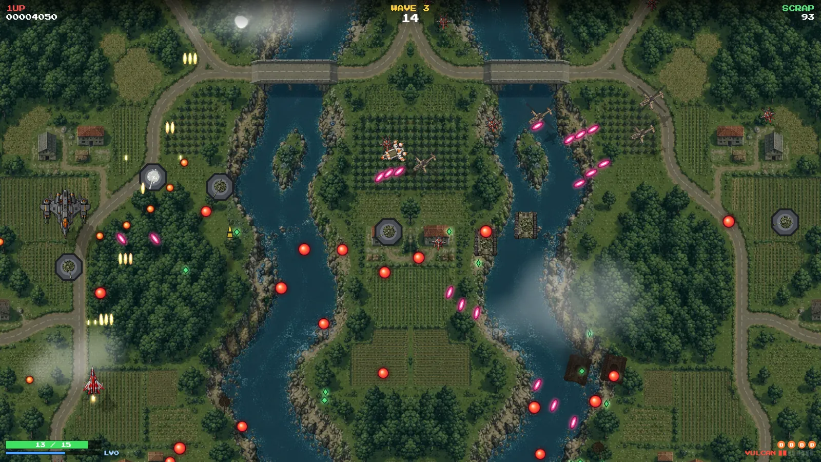 An early Shmup Rogue wave over green countryside with helicopters, tanks and turrets