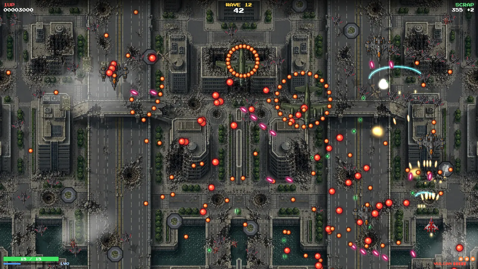 A busy late wave in Shmup Rogue with many enemies, explosions and weapon pods firing