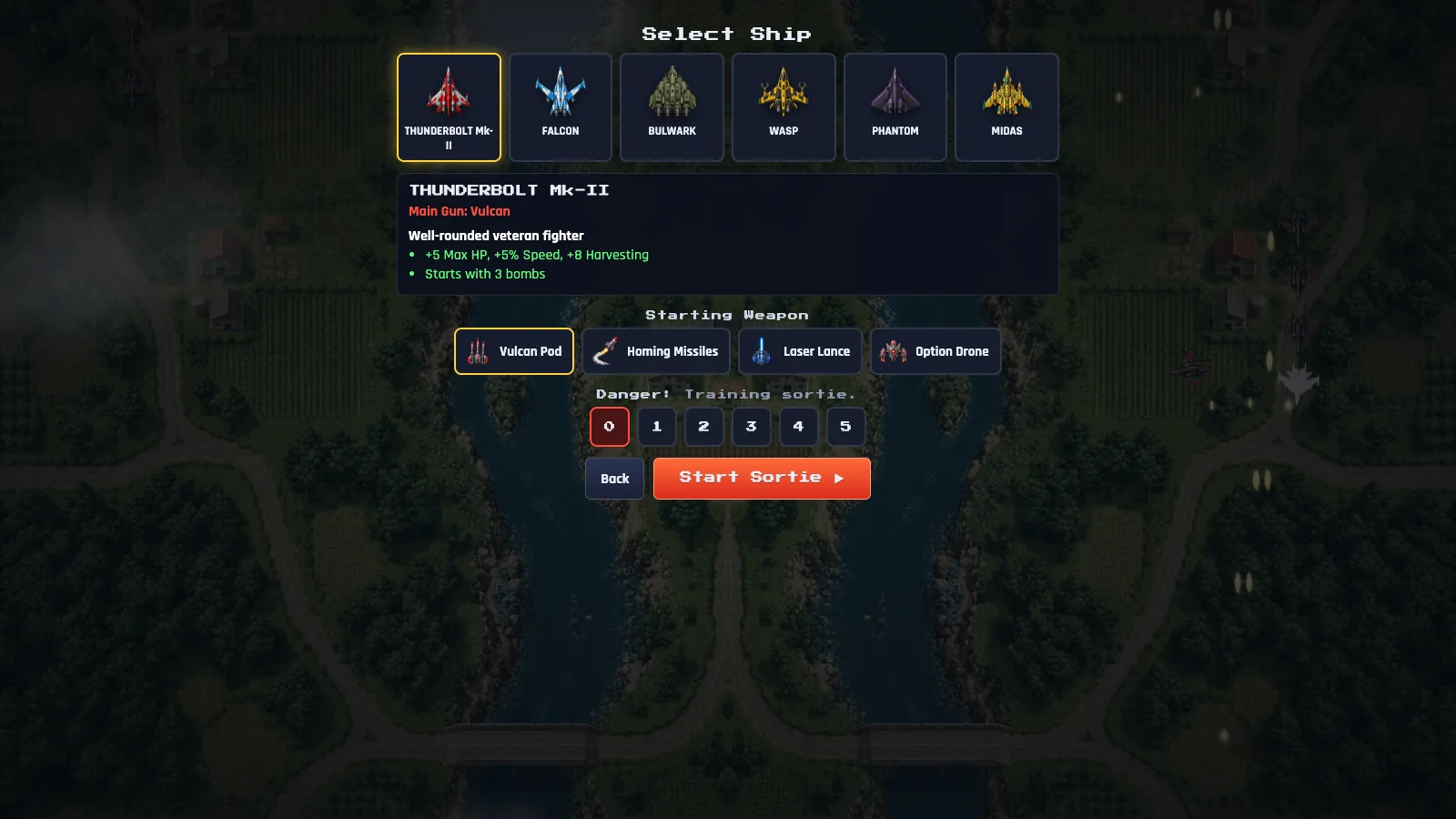 Shmup Rogue ship selection screen with six fighters and danger levels